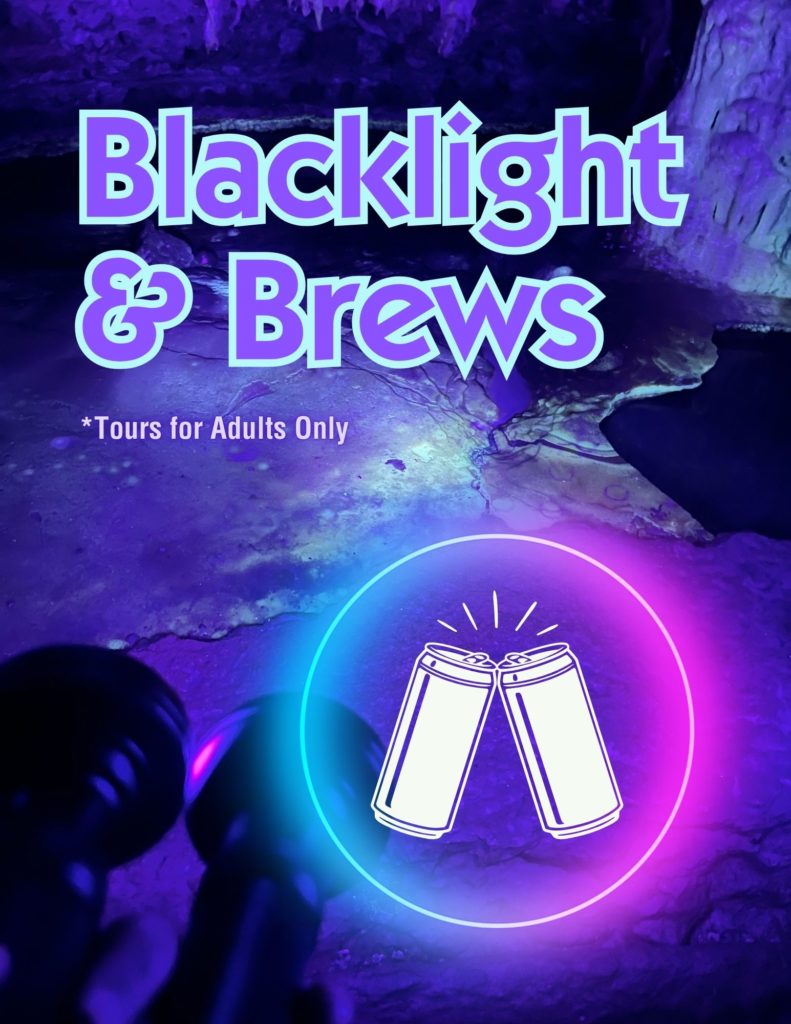 Blacklight & Brews at Cave of the Mounds. This is an adults only tour. There is an icon of two beer cans clinking with a neon blue and pink circle around the beer cans.