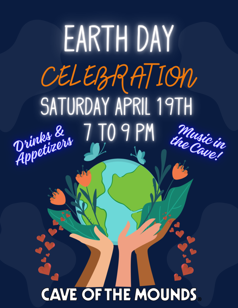 Dark blue background with Earth in foreground. Earth is held up by several hands and is emitting flowers and plants with hearts beneath. Earth Day Celebration on April 19