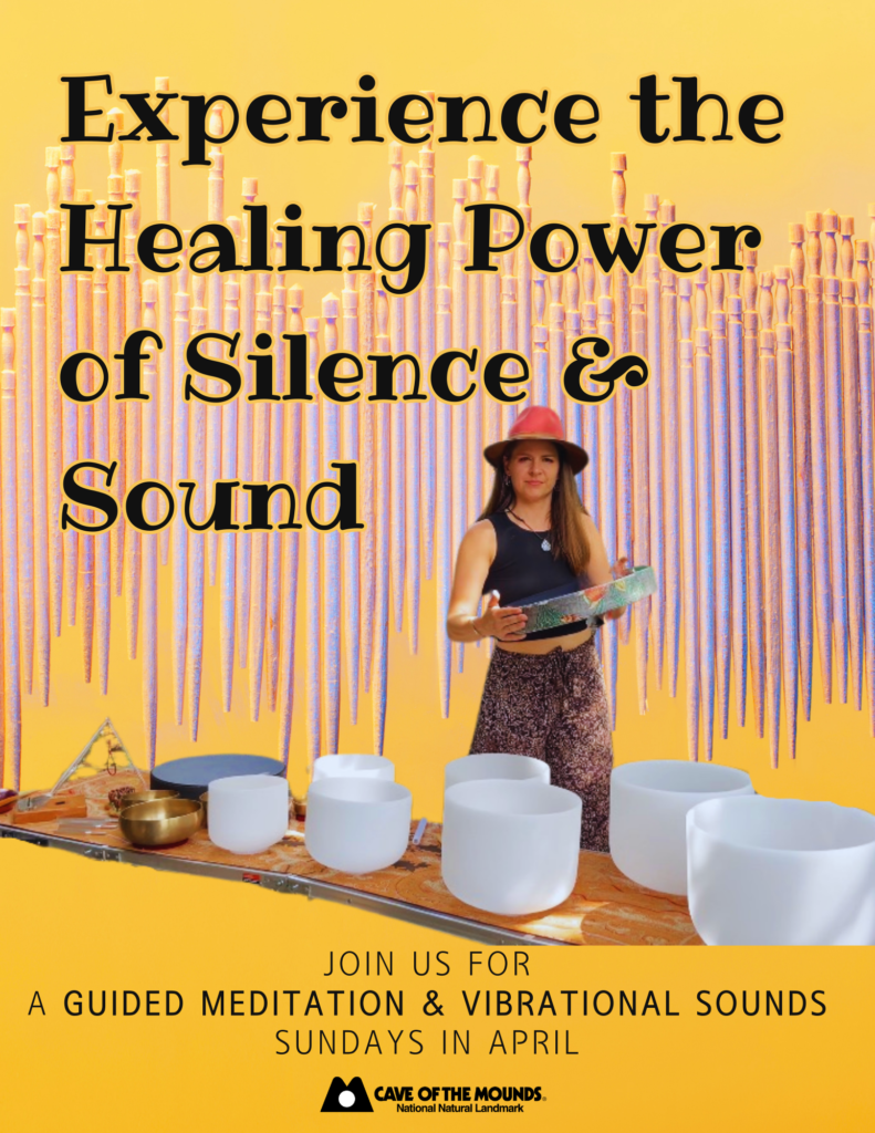 A woman in a hat holding a steel drum stands among glass and steel bowl instruments in front of a yellow background. Guided meditation event every sunday in April