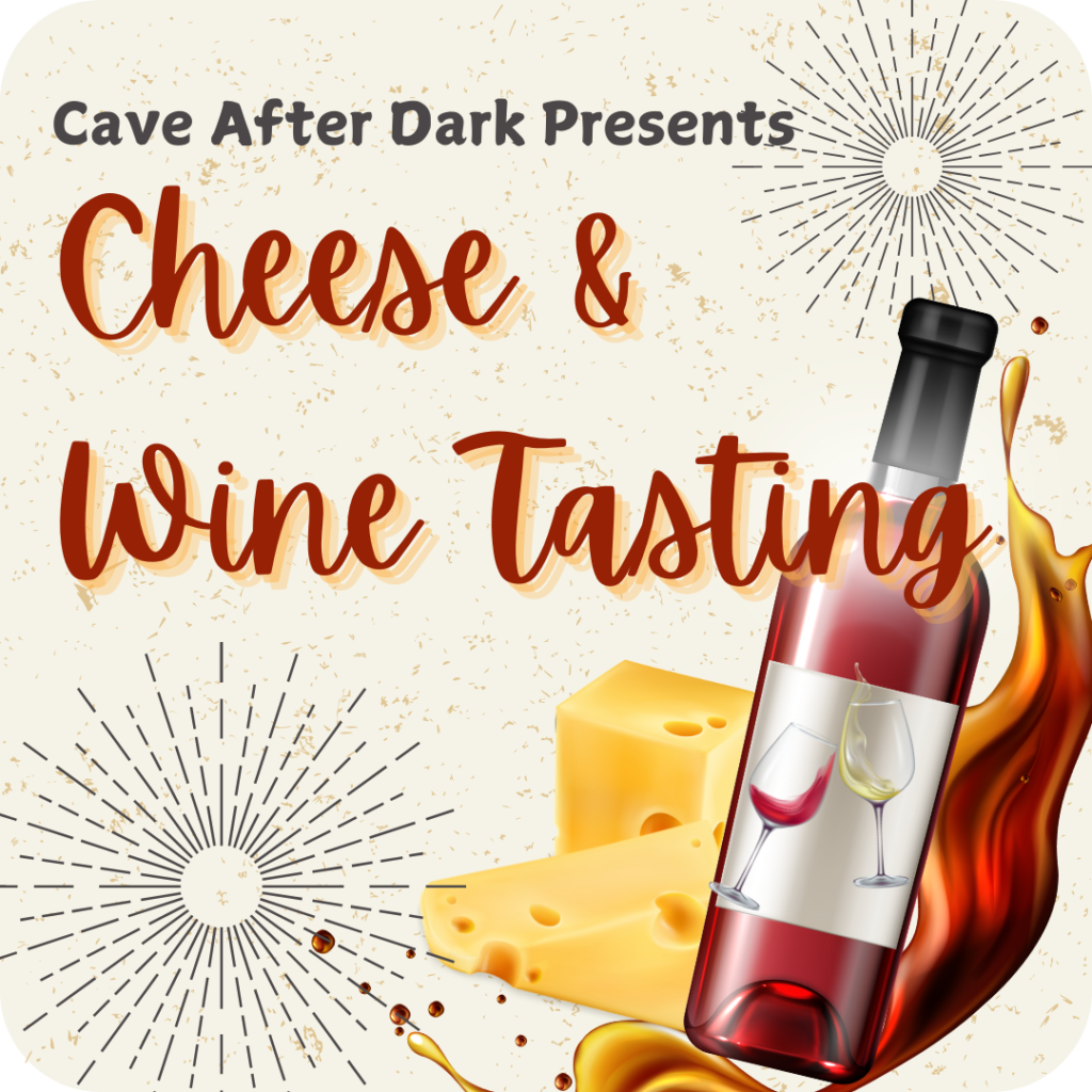 A bottle of red wine and two blocks of cheese are cradled in a dramatic wave of wine in front of a cream colored background. CAD Cheese and wine tasting event on May 17, 7-9pm.