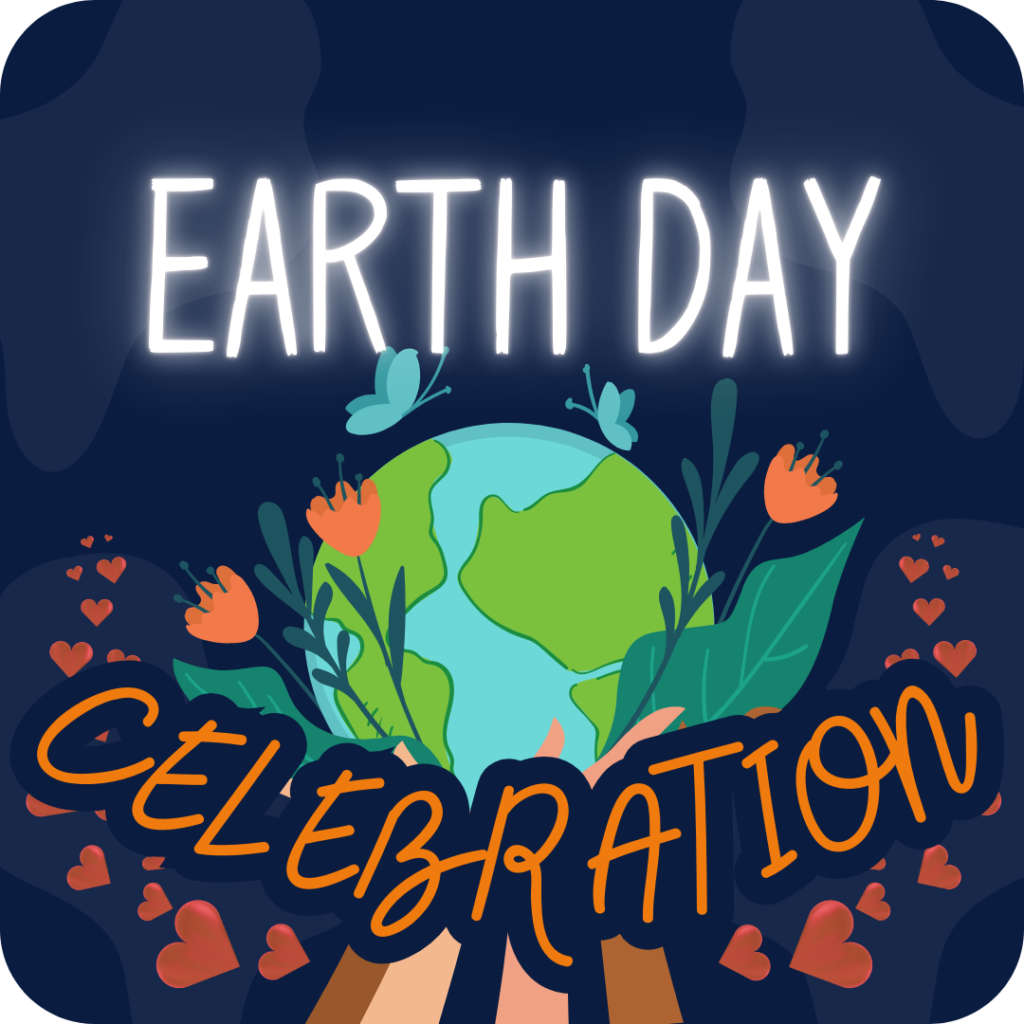 A group of hands holding up the earth with flowers and hearts blooming around it in front of a dark blue background. Earth day celebration in April