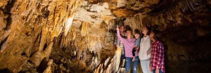 Family observing formation speleothem in Cave of the Mounds a place to visit in wisconsin