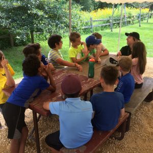 Camp Counselor at Picnic Table with Kids